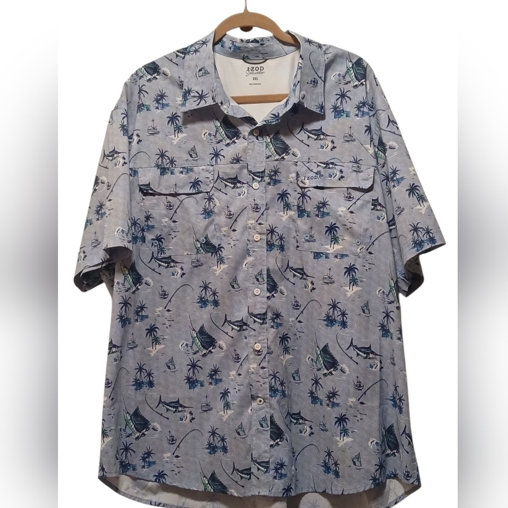 IZOD SaltWater - Blue Button Down, Short Sleeve Shirt, Fishing Theme Print, XXL - Picture 6 of 7